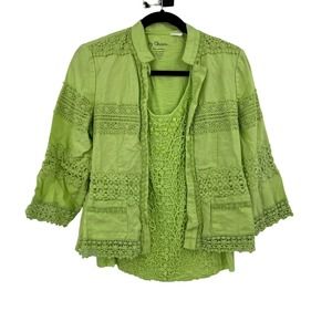 Chico's Lime Green Boho Lace Textured Cardigan Blouse‎ Tank Set Women's 4-6 XS